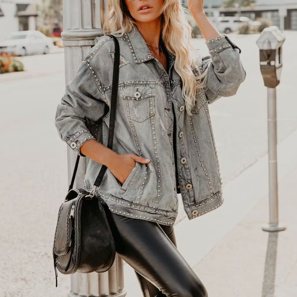 Vici Grey Distressed Studded Denim Jean Jacket - Picture 6 of 13
